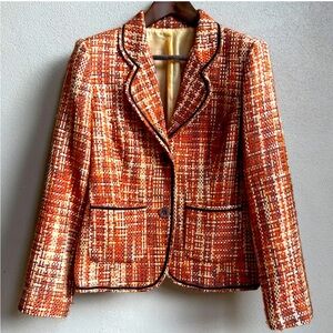 Tweed Two Button Blazer Lined Velvet Trim